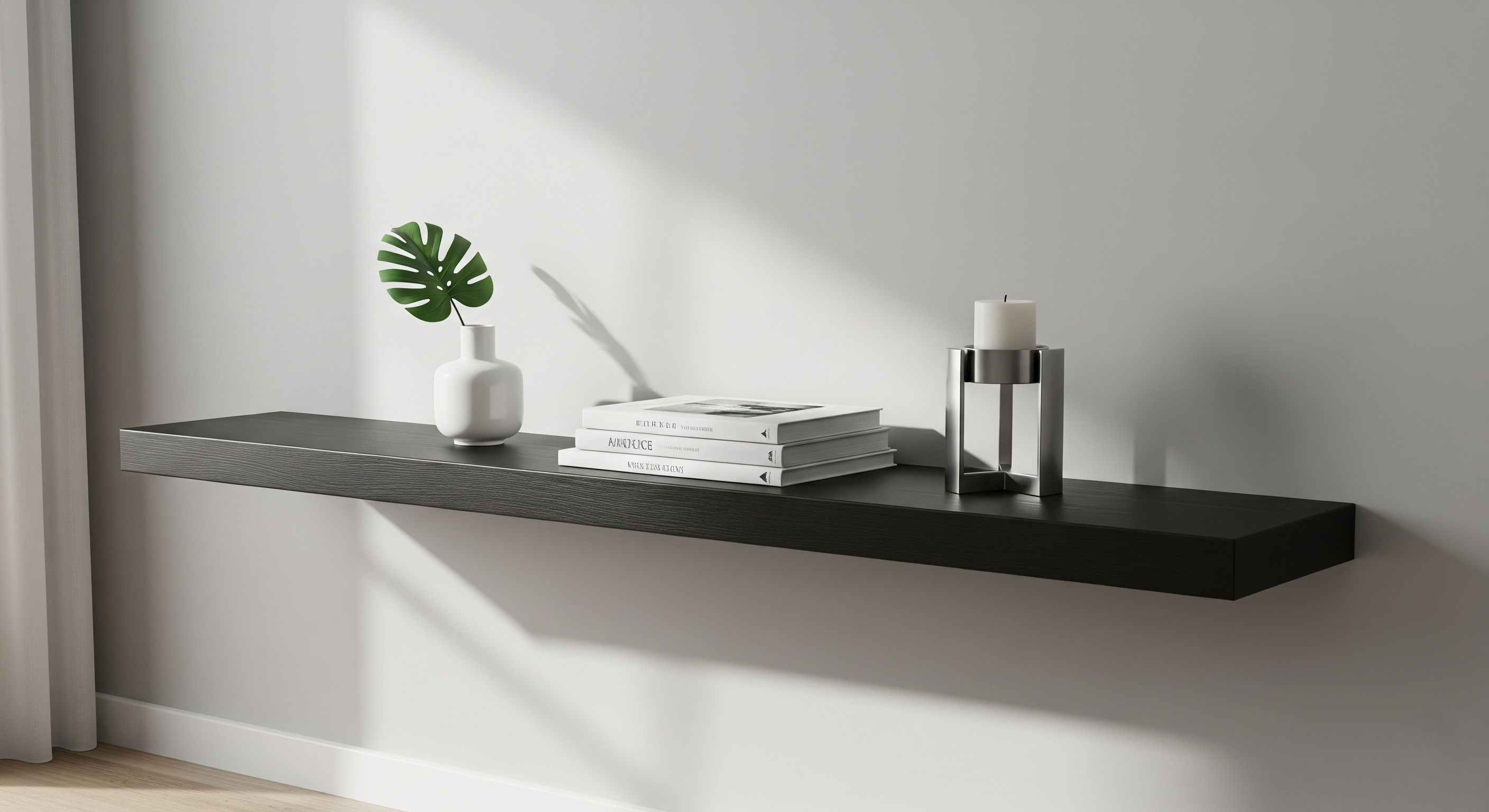 Custom floating shelves mounted on a living room wall